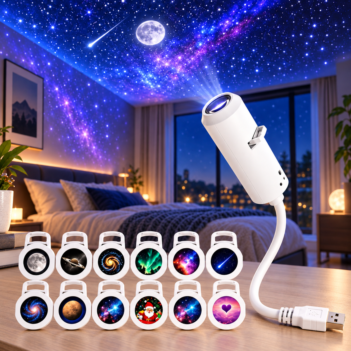 Avoro Galaxy Projector Lamp lifestyle image in a bedroom