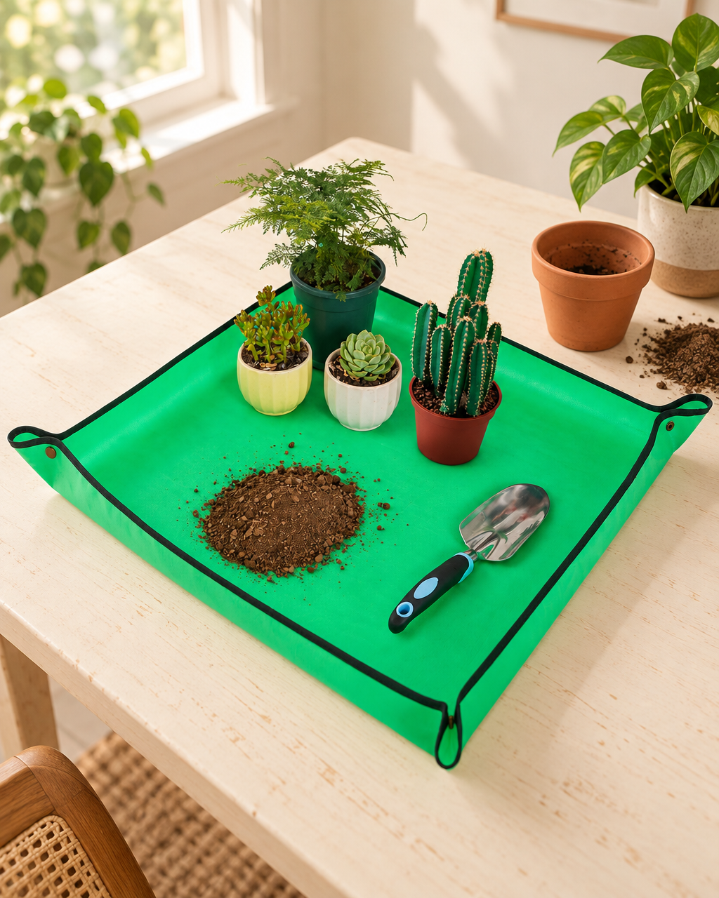 Green repotting mat with its four corners snapped up into a tray on a table by a window, with potted plants, soil and a trowel as styling (plants and tools not included)