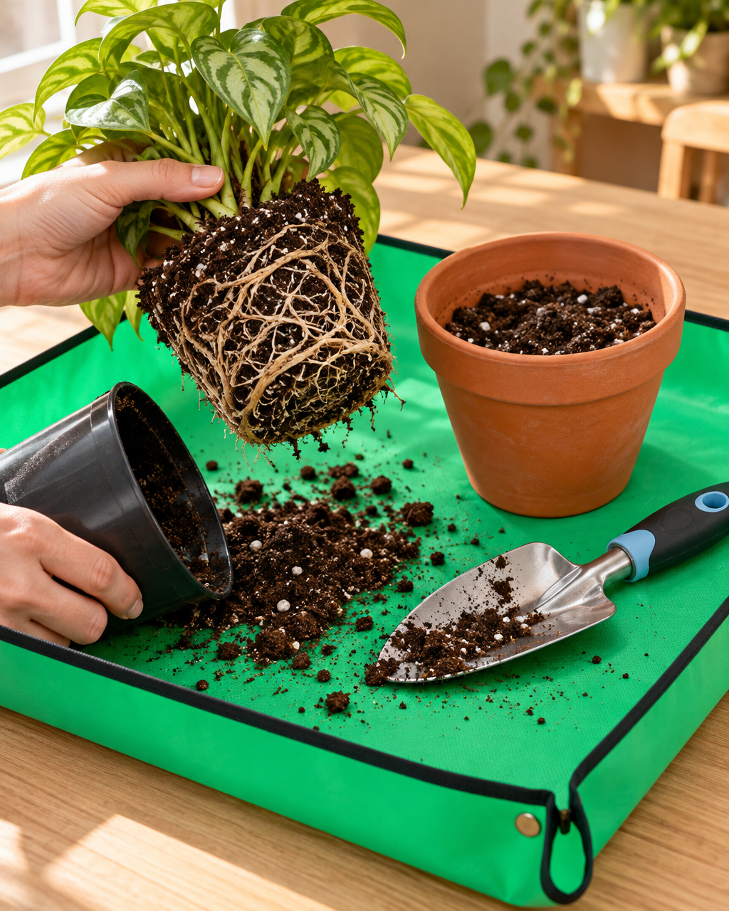 Repotting a houseplant on the green mat with its corners snapped up; pots, soil and trowel shown as styling (not included)