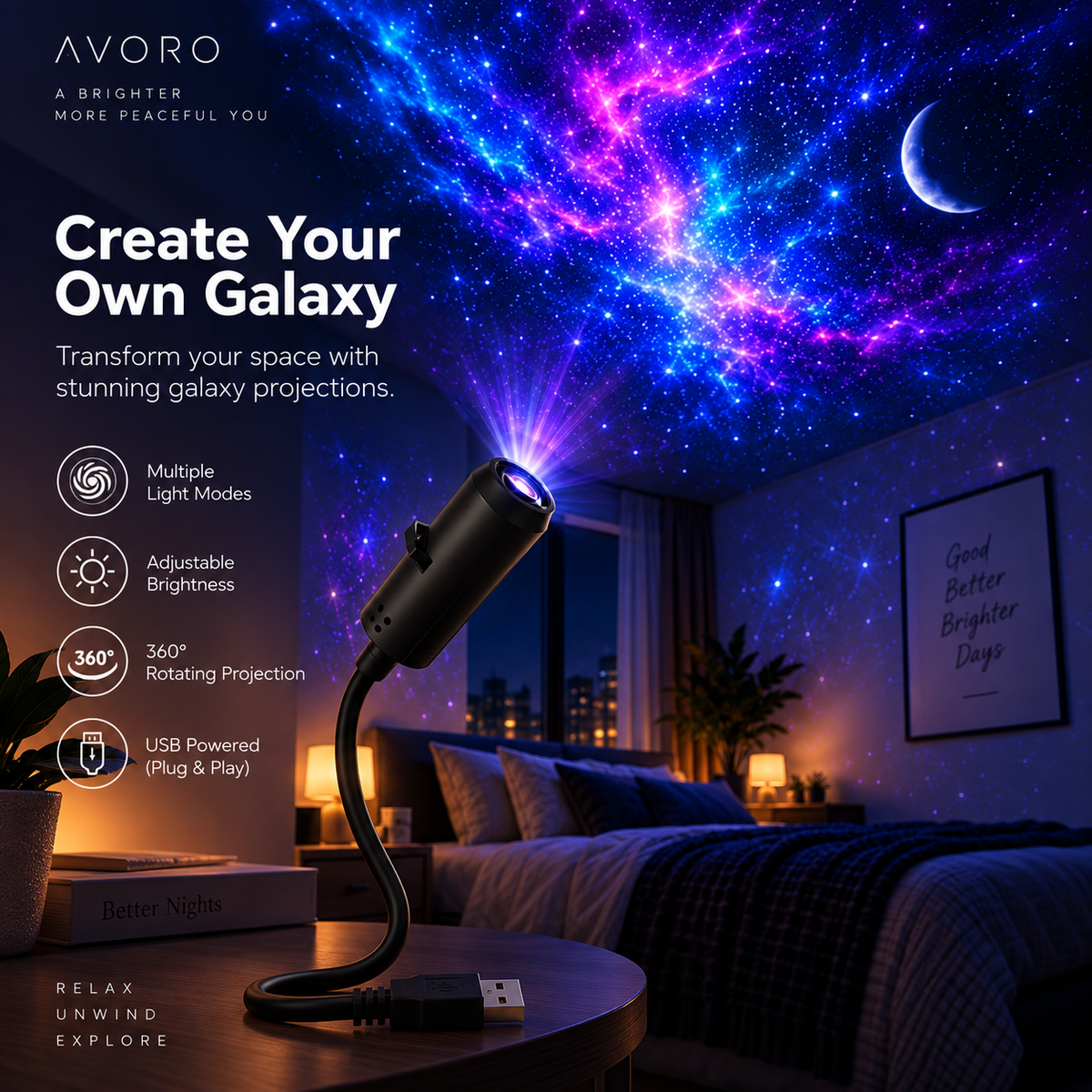 Avoro Galaxy Star Projector for bedroom ambience
