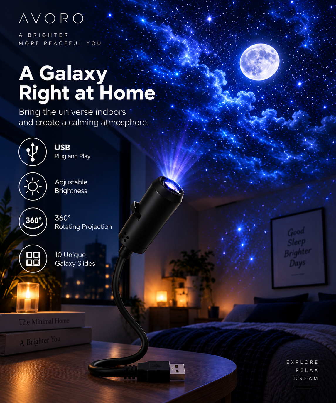 Avoro Galaxy Star Projector for bedroom ambience