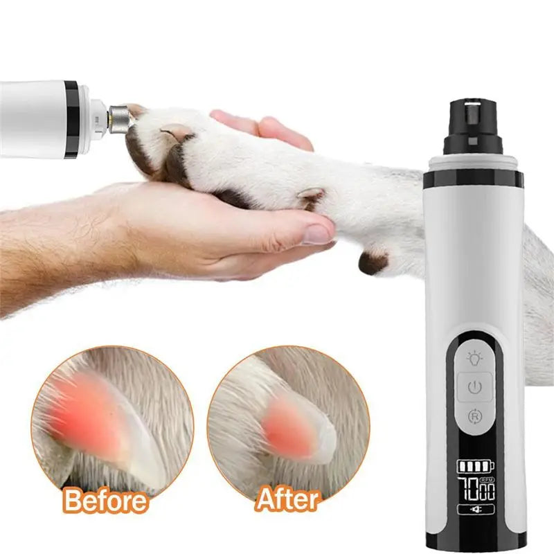 Hand holding a dog's paw near the Avoro grinder, with before and after nail close-ups
