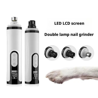 Two white Avoro nail grinders with close-ups of three grinding heads and a dog paw