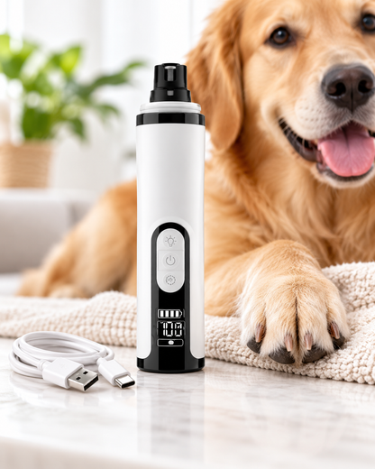 Avoro Quiet LED Dog Nail Grinder with dog and USB charging cable