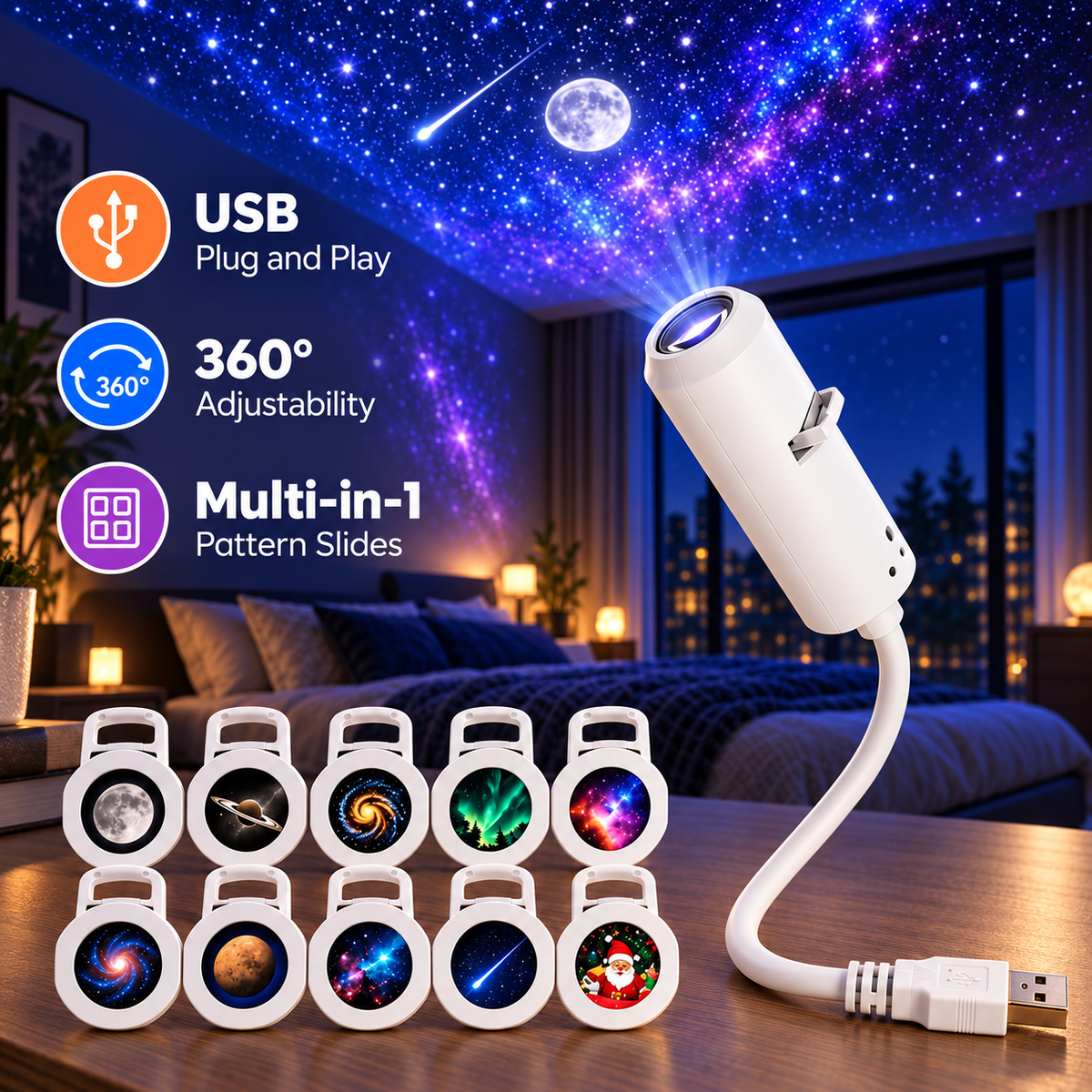 Avoro Galaxy Projector Lamp with USB, 360 degree adjustment and pattern slides