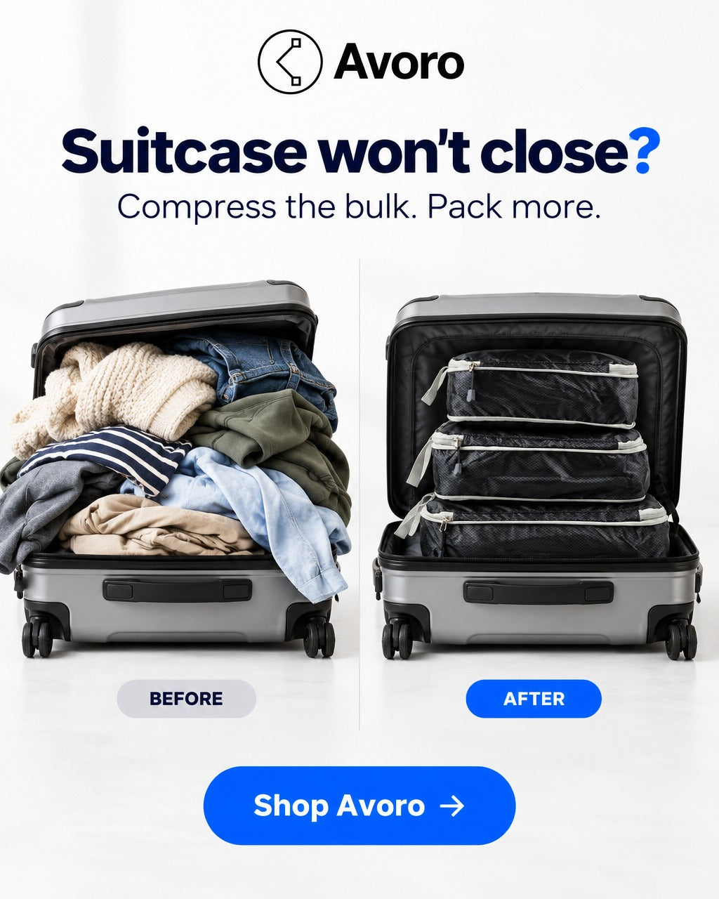 Avoro Compression Packing Cubes before and after Meta ad creative