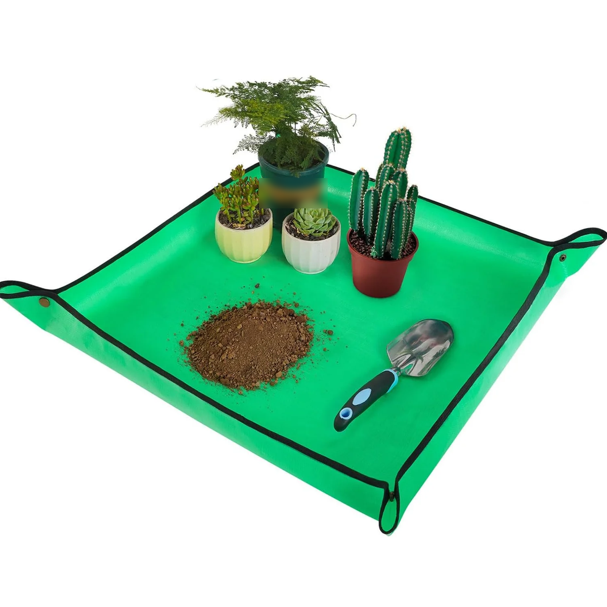 Green repotting mat with corners snapped up, holding potted plants, loose soil and a trowel (plants and tools not included)