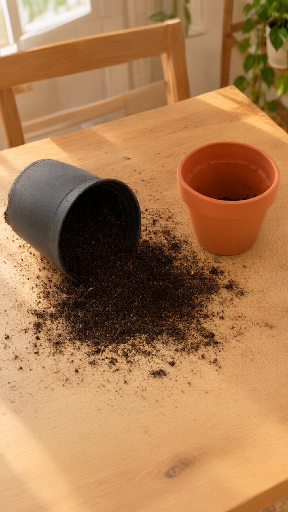 A tipped nursery pot with potting soil spilled across a wooden table